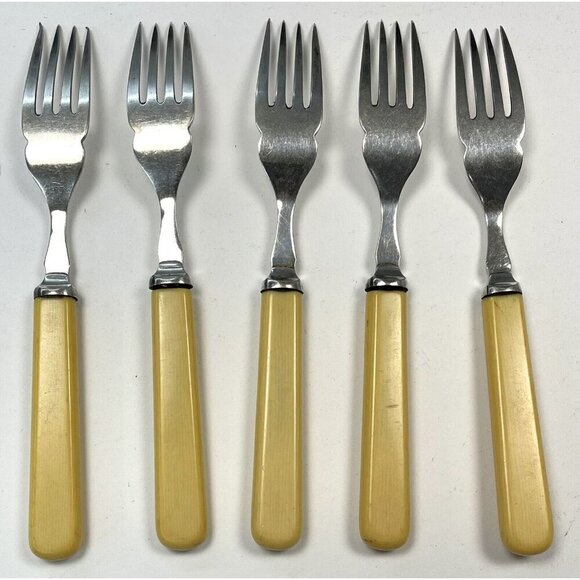 VTG 8pc Flatware Lot WES EPNS Silverplate Bakelite 5 Forks 3 Knives +Extra FLAWS - Picture 3 of 7